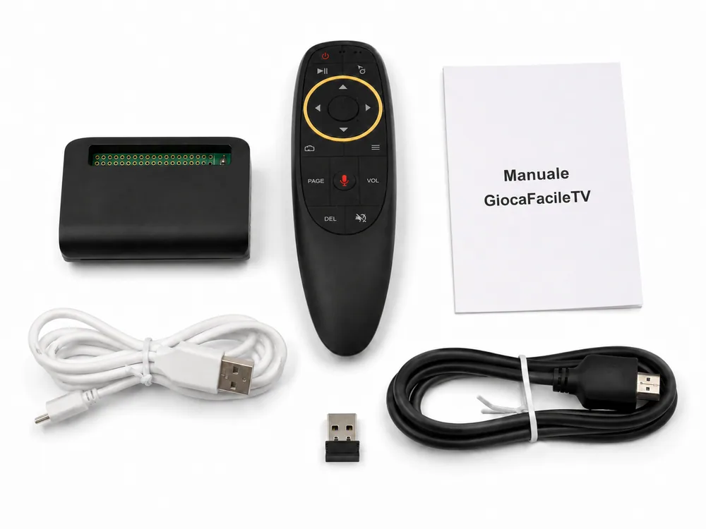 Contenuto della confezione GiocaFacileTv: console, telecomando, ricevitore USB, cavo HDMI, cavo di alimentazione e manuale