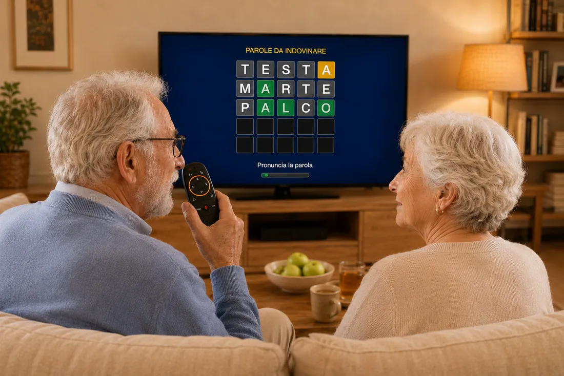 Coppia di anziani gioca a un gioco vocale di GiocaFacileTv sulla TV dal divano