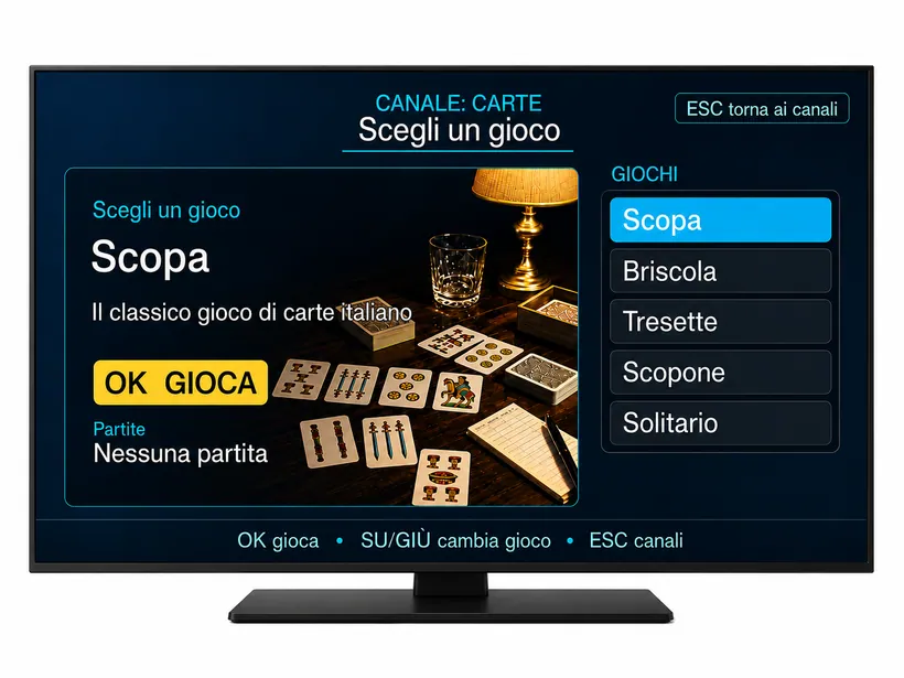 Menu del canale Carte di GiocaFacileTv con Scopa, Briscola e Tressette