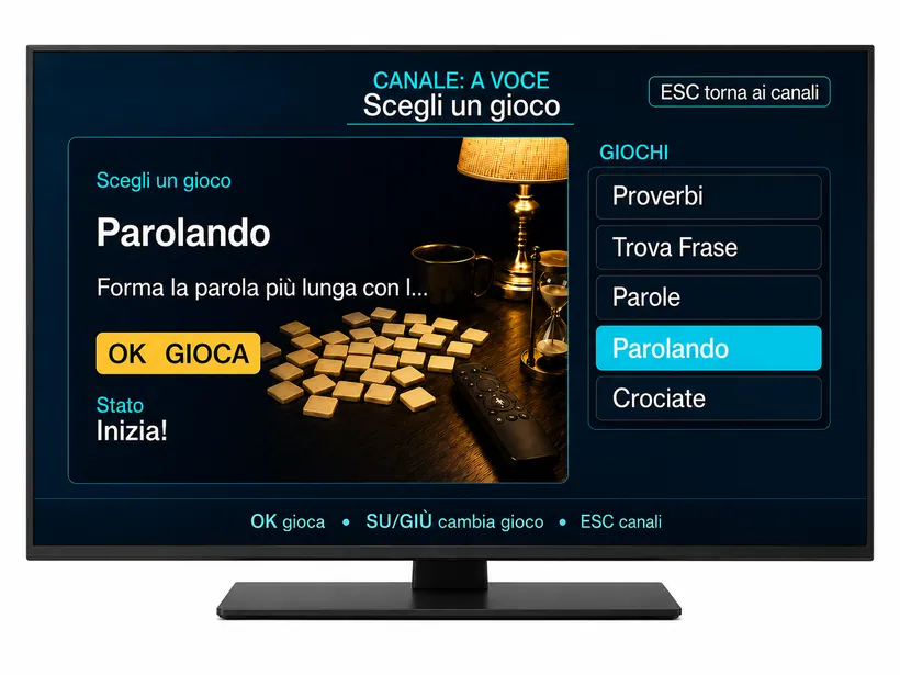 Menu del canale giochi a voce di GiocaFacileTv con Parolando e Crociate