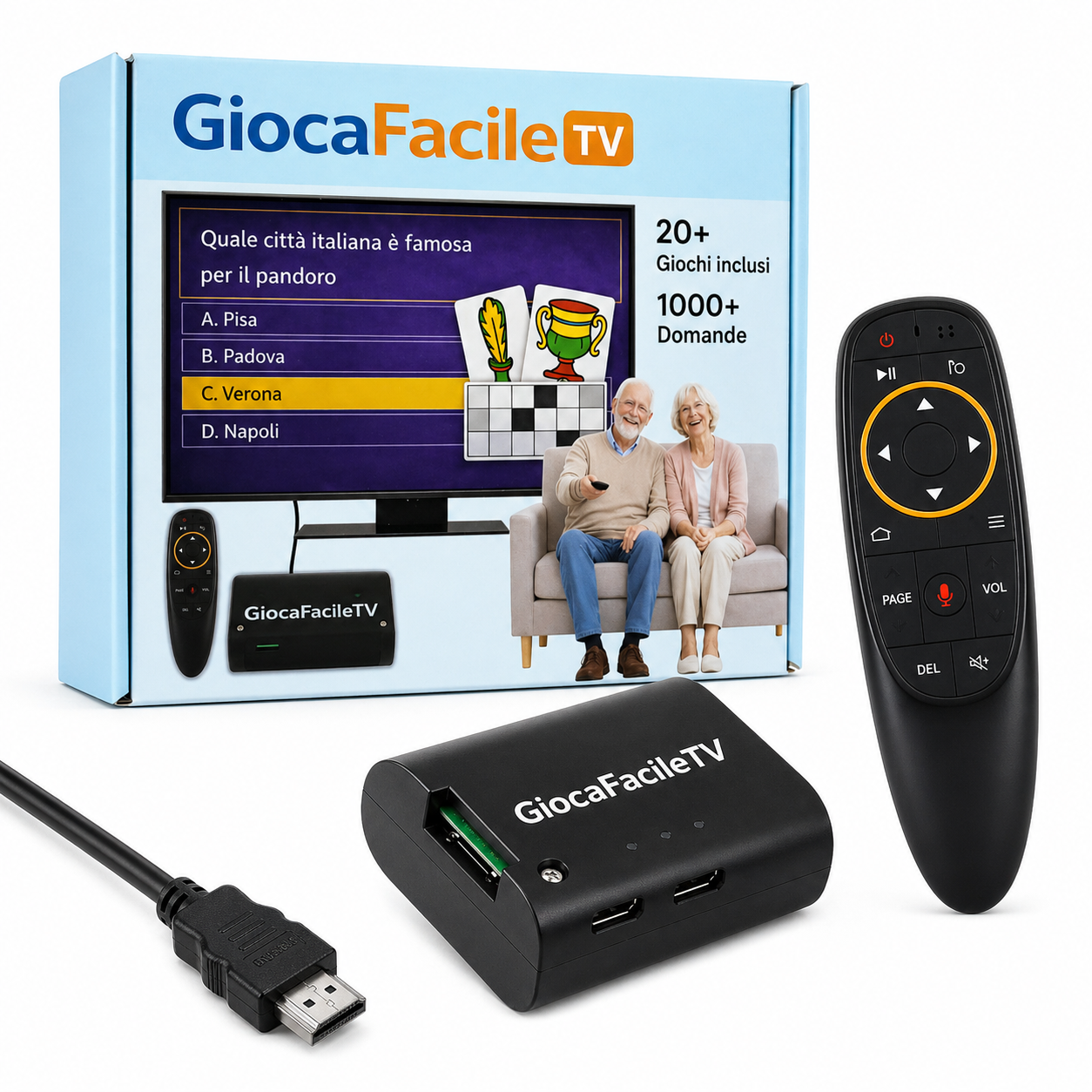 GiocaFacileTv con confezione e interfaccia sulla televisione