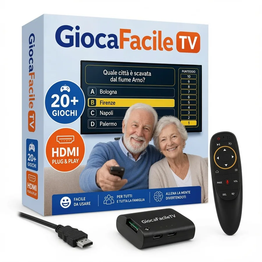 Confezione GiocaFacileTv con console, telecomando wireless, cavo HDMI e un quiz sulla televisione