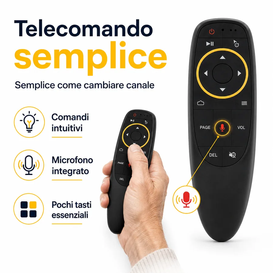 Telecomando GiocaFacileTv con pochi tasti grandi e microfono integrato